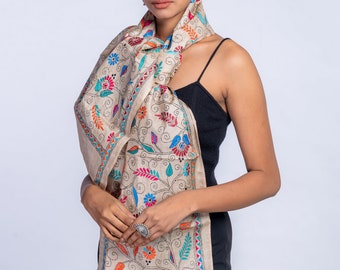 Spring- Kantha silk stole, scarves, wraps, dupatta, thread work, bridal, gifting for women, scarves for girls, durgapooja gift