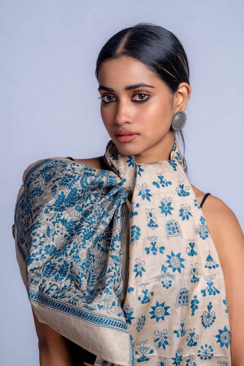 Exquisite Kantha Silk Stole Handcrafted Elegance for Every Occasion, handcrafted silk stole, versatile fashion statement, luxurious silk image 2