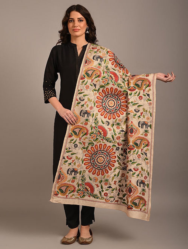 Exquisite Kantha Silk Dupatta Handcrafted Elegance for Every Occasion, handcrafted silk shawl, versatile fashion statement, luxurious silk image 1