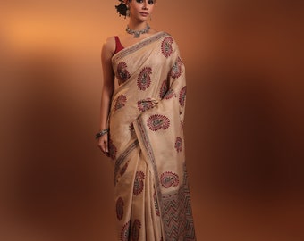 Barnini- Kantha embroidered on hand woven pure tussar silk saree, saree with blouse piece, natural tussar silk, party wear,wedding wear sari