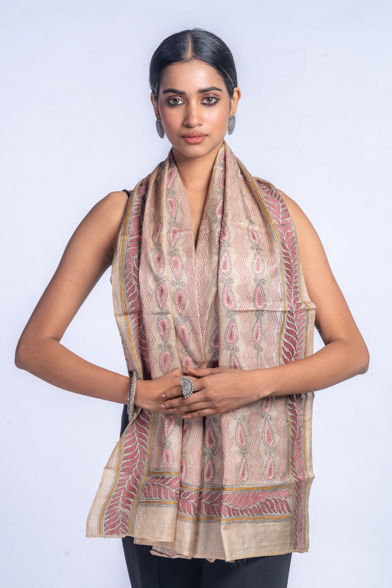 Exquisite Kantha Silk Stole Handcrafted Elegance for Every Occasion, handcrafted silk stole, versatile fashion statement, luxurious silk image 1