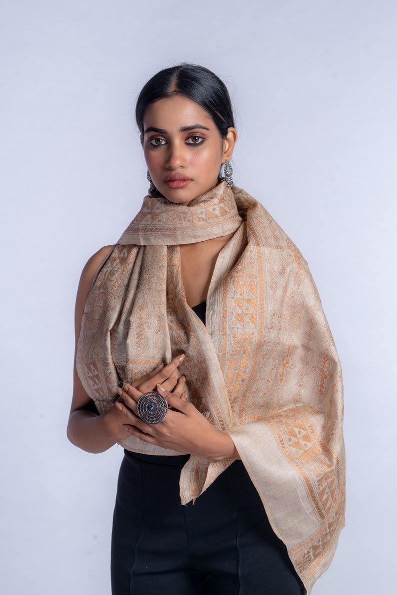 Exquisite Kantha Silk Stole Handcrafted Elegance for Every Occasion, handcrafted silk stole, versatile fashion statement, luxurious silk image 1