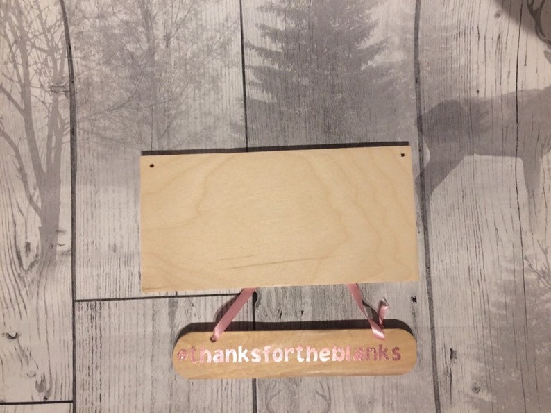 May include: A wooden sign with the text "#thanksfortheblanks" in pink lettering. The sign is hanging from two pink ribbons.