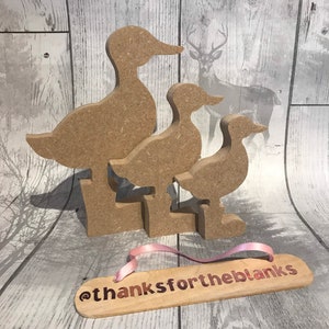 May include: Three wooden duck silhouettes of varying sizes, standing on a white woodgrain background. The largest duck is at the back, with the smallest duck at the front. A pink ribbon is tied around the ducks and a wooden sign with the text "@thanksfortheblanks" is in the foreground.