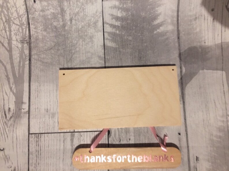 May include: A blank wooden sign with two holes at the top for hanging. The sign is attached to a smaller wooden sign with pink ribbon and the text "#thanksfortheblanks".