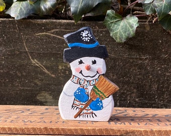 Wooden Holiday Snowman with Broom, Top Hat, Blue Mittens - Christmas Decorations - Snowmen