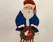 Wooden Standing Liberty Santa Claus on a stand with Wreath - Christmas Decoration - Holiday Decor