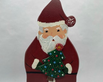 8.5" Wooden Standing Santa Holding Christmas Tree - Christmas Decoration - Holiday Decor