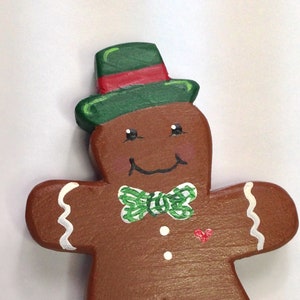 Standing Wooden Gingerbread Man with Green Hat and Bowtie - Christmas Decorations - Holiday Decor Gift