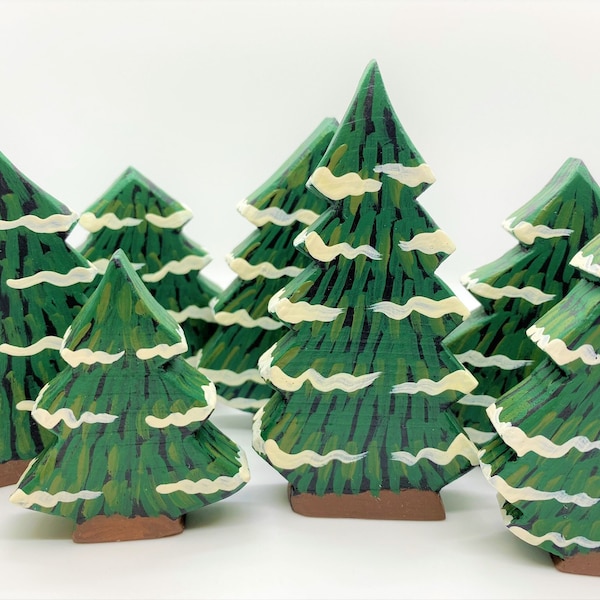 Small Wooden Snowy Standing Fir Trees - Christmas Decorations - Holiday Decor