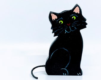 Sitting Wooden Black Cat –Shelf Cat Decoration – Kitty Decor