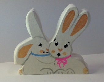 2.75”  Wooden Bunny Huggers – Easter Bunnies or anytime – Shelf Rabbit Decoration