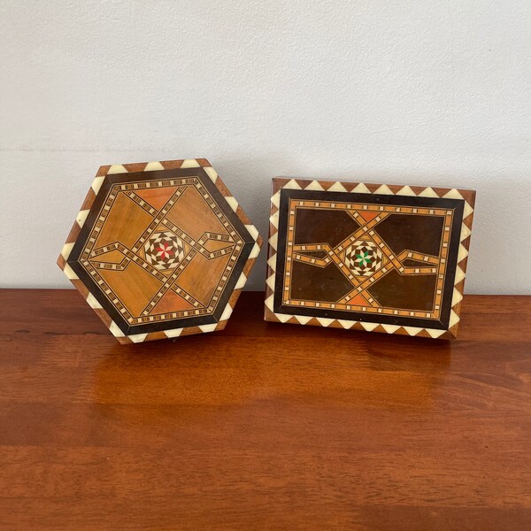 Set of two oriental jewellery wooden boxes with mother of Pearl inlay.