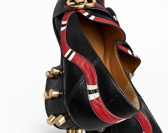 Gucci Black/ Dark Blue Kingsnake Leather Double G with Gold Studded Heel Loafers Designed by Alessandro Michele Size 37 Made in Italy. Rare