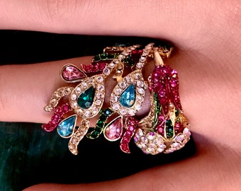 Jeweled Peacock Stretch Ring Bird Animal Festive Crystal Jewel Shiny Sparkly Woman Girl Feather Blue White Pink Turquoise Green Cocktail