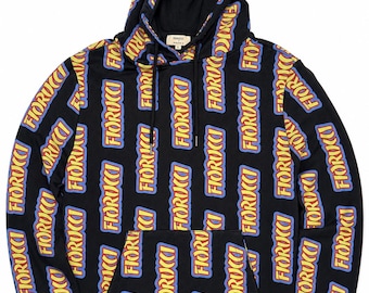 Fiorucci Black All Over Logo Print Hoodie Multicolor Streetwear Chic Rare Sweatshirt XS but fits like a Small