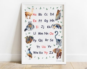 Animal alphabet. English alphabet poster. Just letters. Educational print. Homeschool poster. Kids wall art