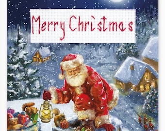 Christmas Cross Stitch Postcard for Gifts. Embroidery on Aida 18 count canvas. Christmas Santa Claus Card. Cross Stitch by Luca-s SP-93L