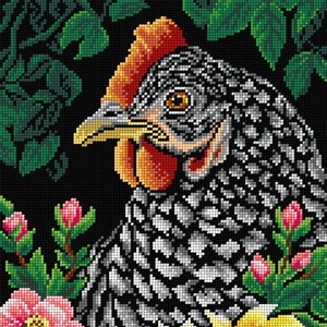 Chicken with Flowers. Needlepoint Canvas for Half Stitch without Yarn. Printed Tapestry Canvas Hen with Sunflower. Orchidea 3382J