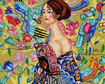 Lady with Fan. Gustav Klimt Needlepoint Canvas for Half Stitch without Yarn. Printed Tapestry Canvas. Fantasy Canvas Orchidea 3245L