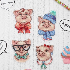 Cute Piggies DIY magnets - counted cross-stitch kit on the  plastic canvas with 4 patterns. MP Studia SR-279