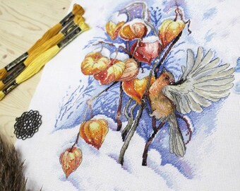 Physalis & Bird Cross Stitch kit. Robin Cross Stitch Pattern. Bullfinch Cross Stitch on Aida 18 count canvas. MP Studia SNV-659