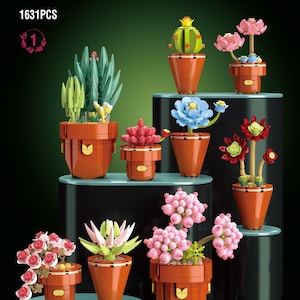 May include: A collection of colorful building block flower sets in terracotta pots. The sets include various flower and plant designs, such as cacti, roses, and other floral arrangements. The image includes the text "Diamond horse building blocks flower set".