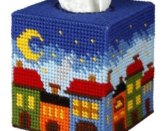 Tissue Box Cover City at Night - needlepoint half stitch on the plastic canvas. Home Decoration Orchidea 5103