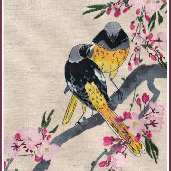 Birds on Blooming Cherry Cross Stitch kit. Bullfinch Pattern on Aida 15 count canvas. Cross Stitch by Oven 1238