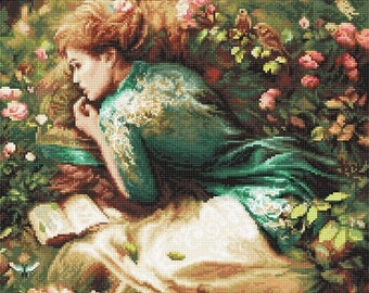 Into Dreamland Fantasy Girl with Books cross-stitch kit on Aida 16 count canvas. Flowers with Birds. Cross Stitch kit by LetiStitch Leti959
