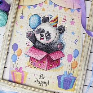 Cartoon Panda Cross Stitch kit. Birthday Animal Cross Stitch Pattern on Aida 14 count canvas. Beginner Cross Stitch by MP Studia. SM-598