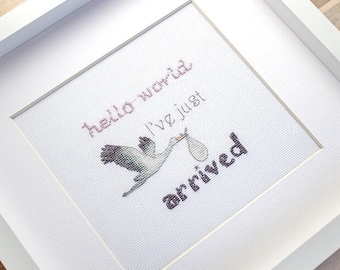 Baby Born Boy Sampler Cross-stitchon Aida 16 count canvas. Hello World I Just Arrived. Monochrome kit Cross Stitch kit by LetiStitch Leti931