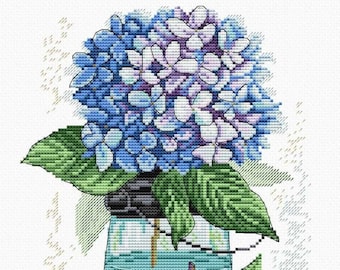 Hydrangea Cross Stitch kit. Blue Flower Cross Stitch Pattern. Flower in the basket  on Aida 14 count canvas. MP Studia SM-138