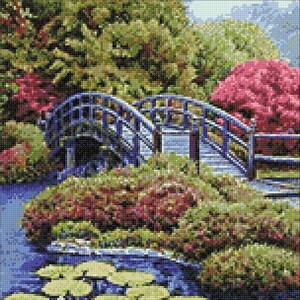 Japanese Garden Diamond painting set by Wizardi. Bridge over River WD096 Diamond Art kit. Large Diamond painting kit
