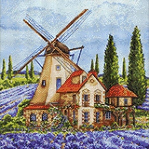 Windmill with Lavender Field Diamond painting set by Wizardi. CS2579 Diamond Art kit. Flower Fields Diamond painting kit