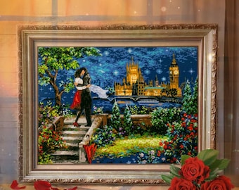 Date in London - Counted Cross-Stitch Kit. Pattern on Aida 14 Count Canvas. Night City Embroidery Kit by Magic Needle 550-767