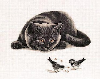 Dangerous Situation Counted Cross Stitch Kit - Curious Cat and Birds Embroidery Pattern for Handmade Gift & Home Decor by Alisena 1109A