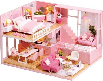 Miniature Roombox Kit. DIY Home Decor Dollhouse Kit with Furniture and LED Light. Doll House Craft Model F07M5-57-L-030-A Wizardi