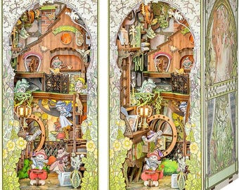 Book Nook Miniature Roombox Kit - Elven Paradise. DIY Booknook Bookshelf Kit with LED Light. Doll House Craft Model F07M5-46-SZ06 Wizardi
