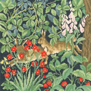 May include: Two brown rabbits hop through a lush green garden with red flowers and pink foxgloves. The background is a dark blue.