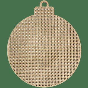 May include: A round wooden bauble with a hole at the top for hanging. The bauble is covered in a grid of small holes, creating a textured surface.