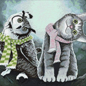 Cat with Owl Diamond painting set by Wizardi. CS2571 Diamond Art kit. Large Diamond painting kit