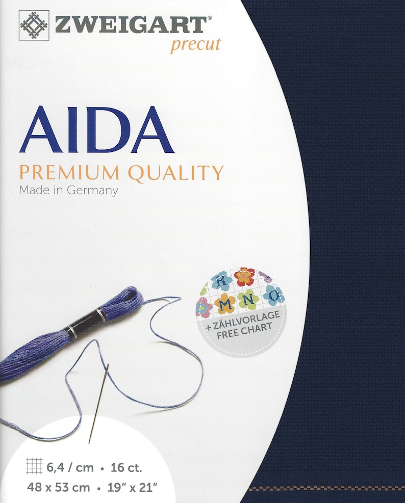May include: A navy blue Zweigart Aida fabric precut measuring 19 inches by 21 inches. The packaging features the text AIDA PREMIUM QUALITY, a purple embroidery floss skein with a needle, and a circular sticker with a floral chart design.