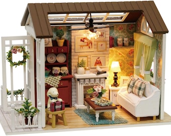 Miniature Wizardi Roombox Kit - Cozy Living Room. DIY Home Decor Dollhouse Kit with Furniture and LED Light. Gifts Craft Box F07M5-13-8008-A