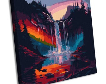 Puede incluir: Una pintura de una cascada que cae por un acantilado, rodeada de árboles verdes exuberantes. El agua es de un azul y blanco vibrantes, y el acantilado es una mezcla de naranja, rojo y morado. El cielo es de un rosa y morado suave.