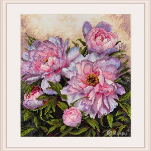 Tender Peonies - Counted Cross-Stitch Kit. Flowers Cross Stitch Pattern on Aida 16 Count Canvas. Cross Stitch by Merejka K-177