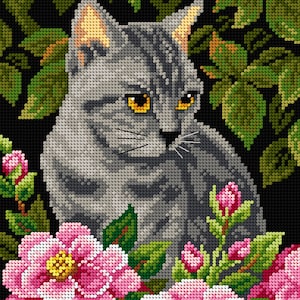 Cat with Peonies Needlepoint Canvas for Half Stitch without Yarn. Siamese Cat Printed Tapestry Canvas. Orchidea 2582H