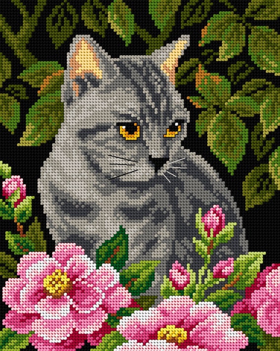 Cat With Peonies Needlepoint Canvas for Half Stitch Without