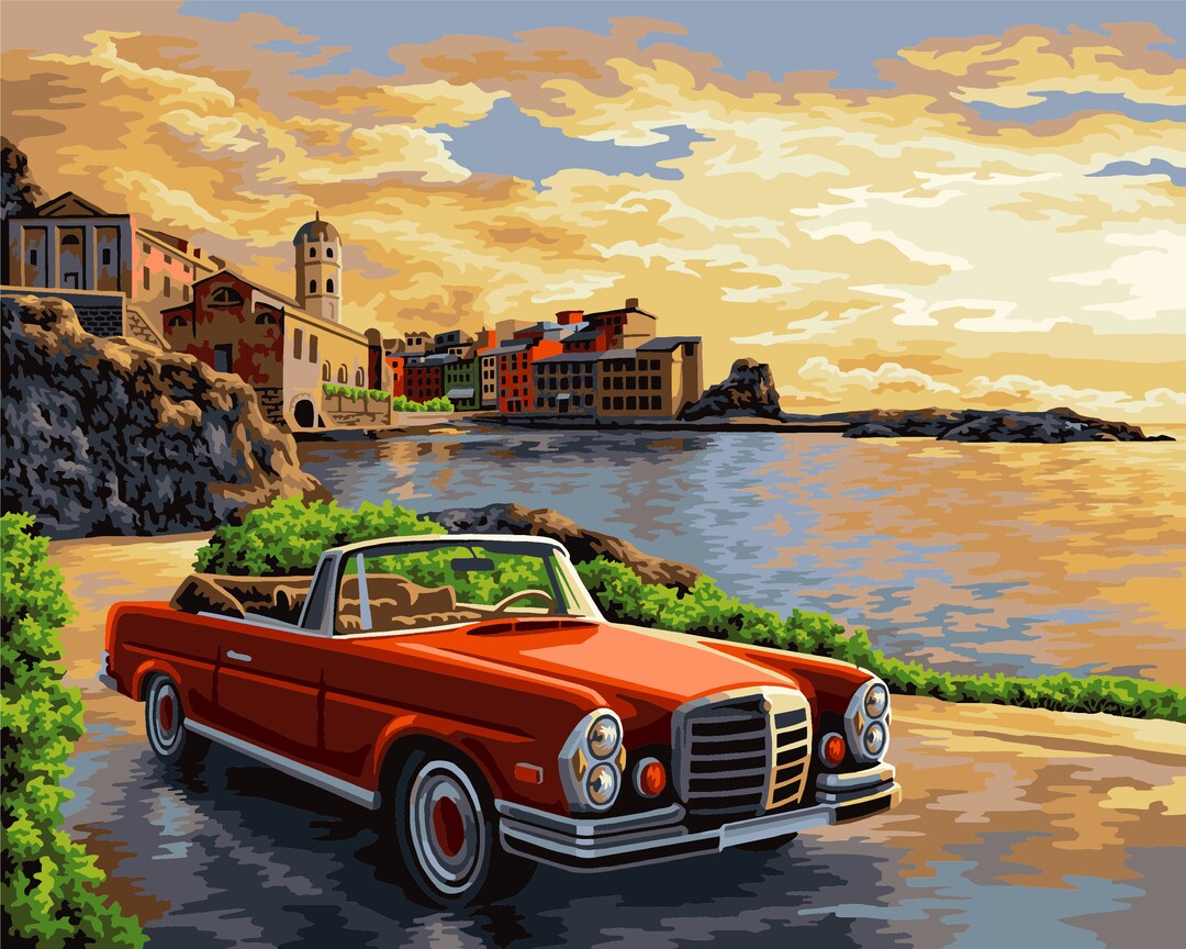 Retro Car With Seaside Paint by Numbers Kit Italian Coast E010 19.69 X