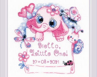 May include: A pink elephant with big blue eyes and a flower on its head. The elephant is surrounded by butterflies, a dragonfly, and a snail. The text "Hello, Little One! 27.08.2021" is written on a scroll.